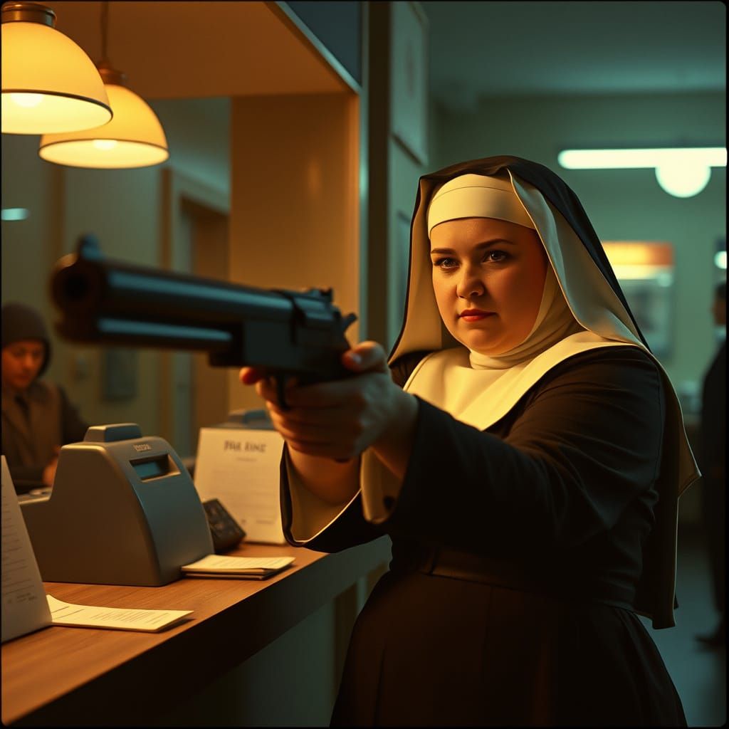 Plump Nun in Film Noir Bank Heist