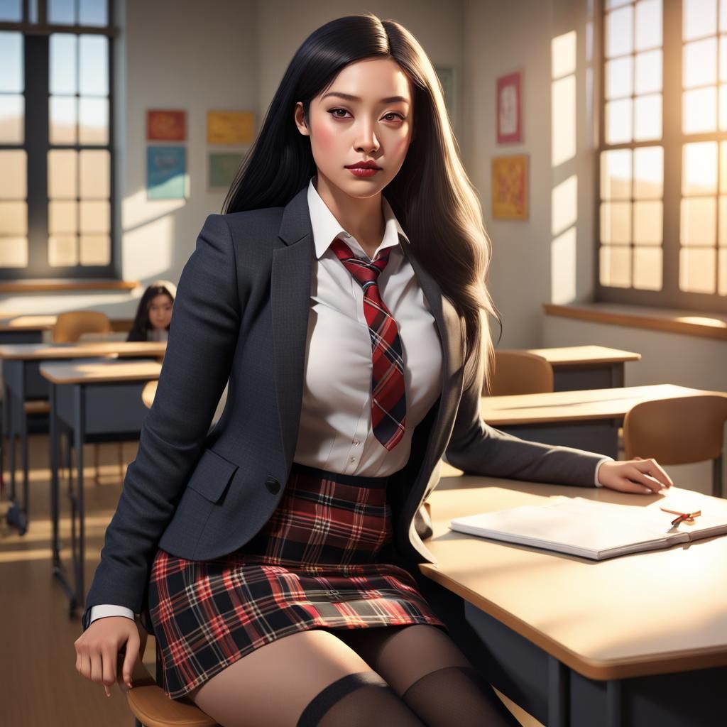 Classroom Scene: Young Woman in Golden Hour Sunlight