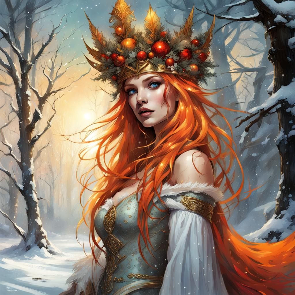 Enchanted Gothic Christmas Elf Queen in Gouache Style