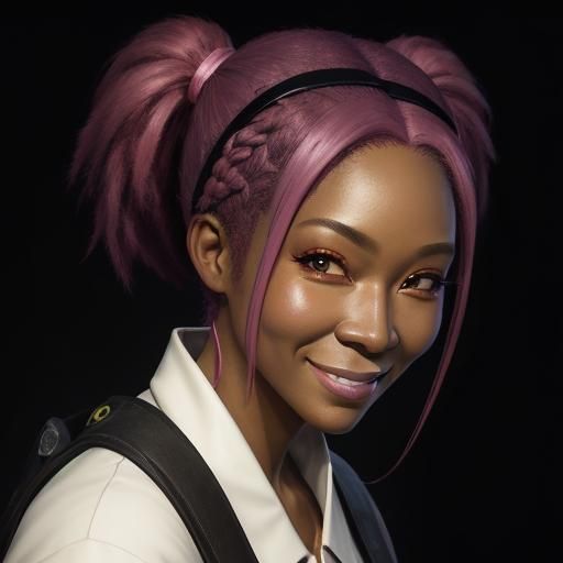 pink hair old ebony girl pigtails smile portrait Studio Ghibli, Anime Key Visual, 
Deep Color, Intricate, 8k resolution ...