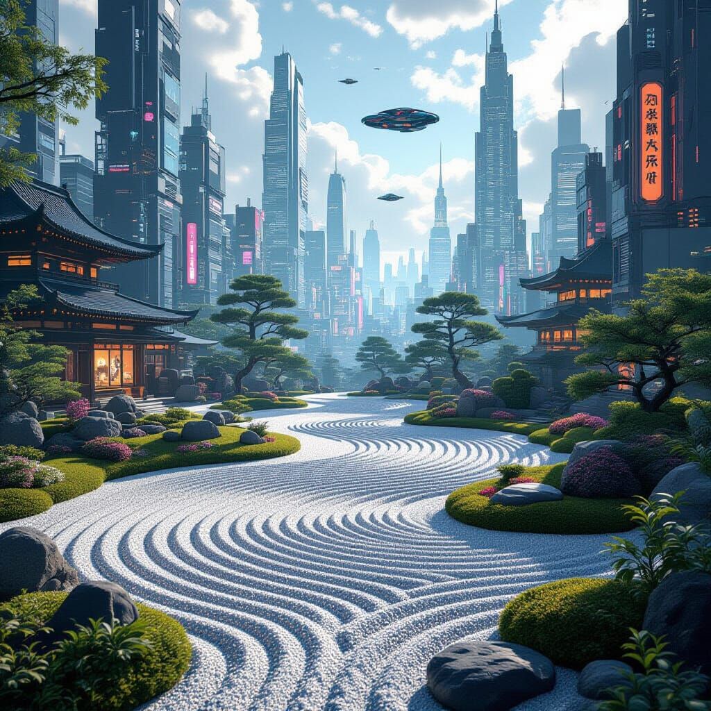 Zen Garden vs Cyberpunk City: Holographic Illustration