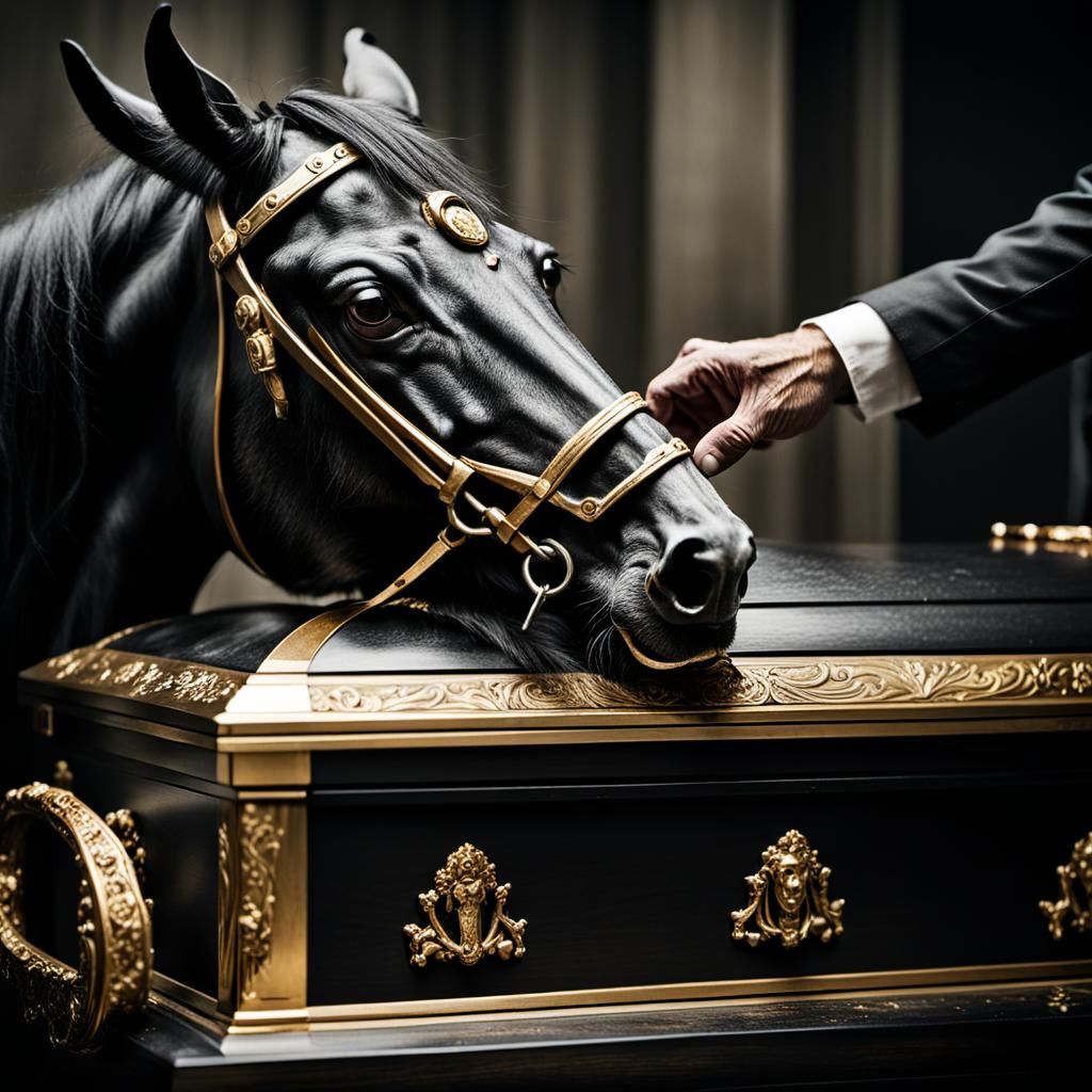 Ghostly Escape: Horse-Drawn Casket in Dramatic Portrait