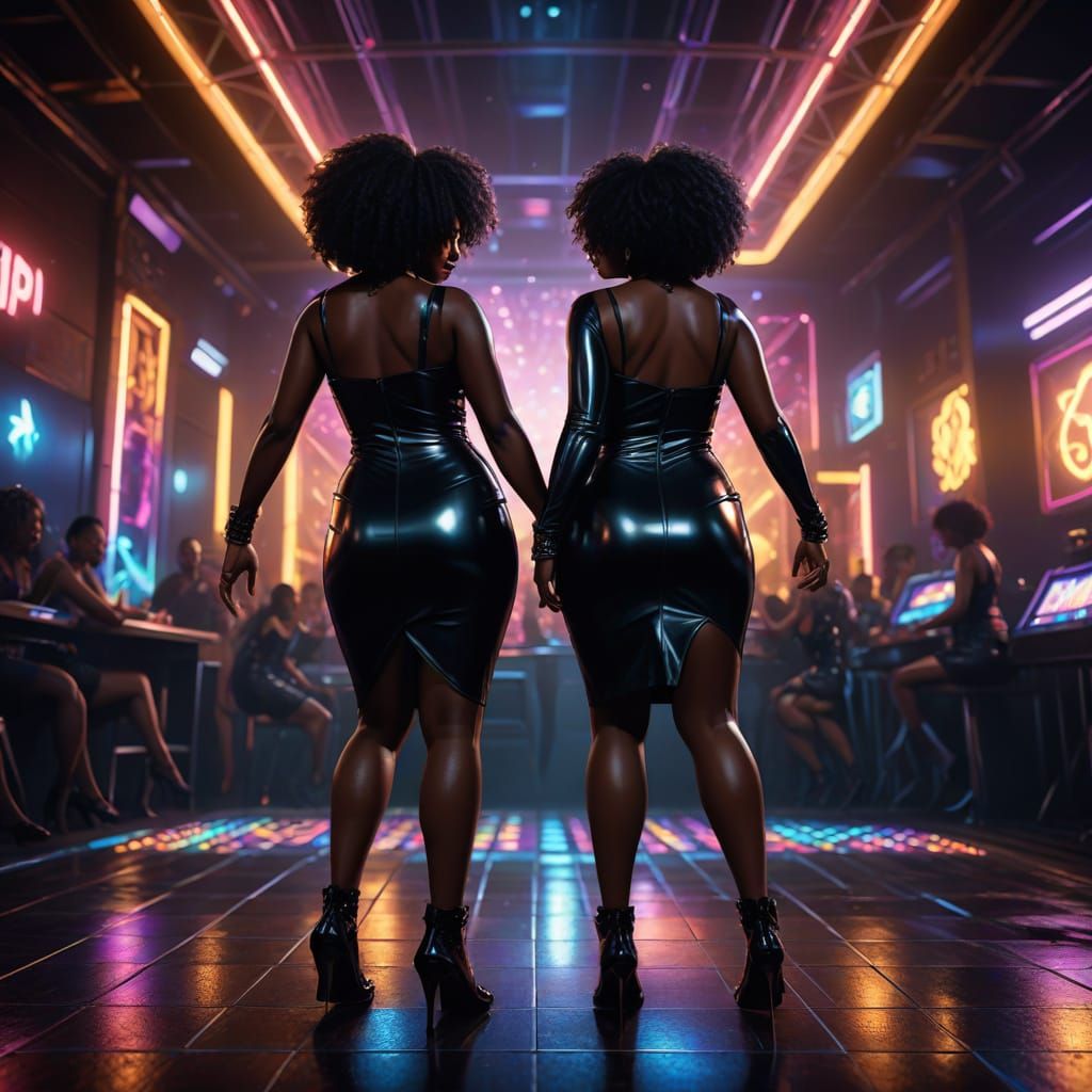 Ebony Goddesses Dance Under Neon Disco Lights in Metallic La...