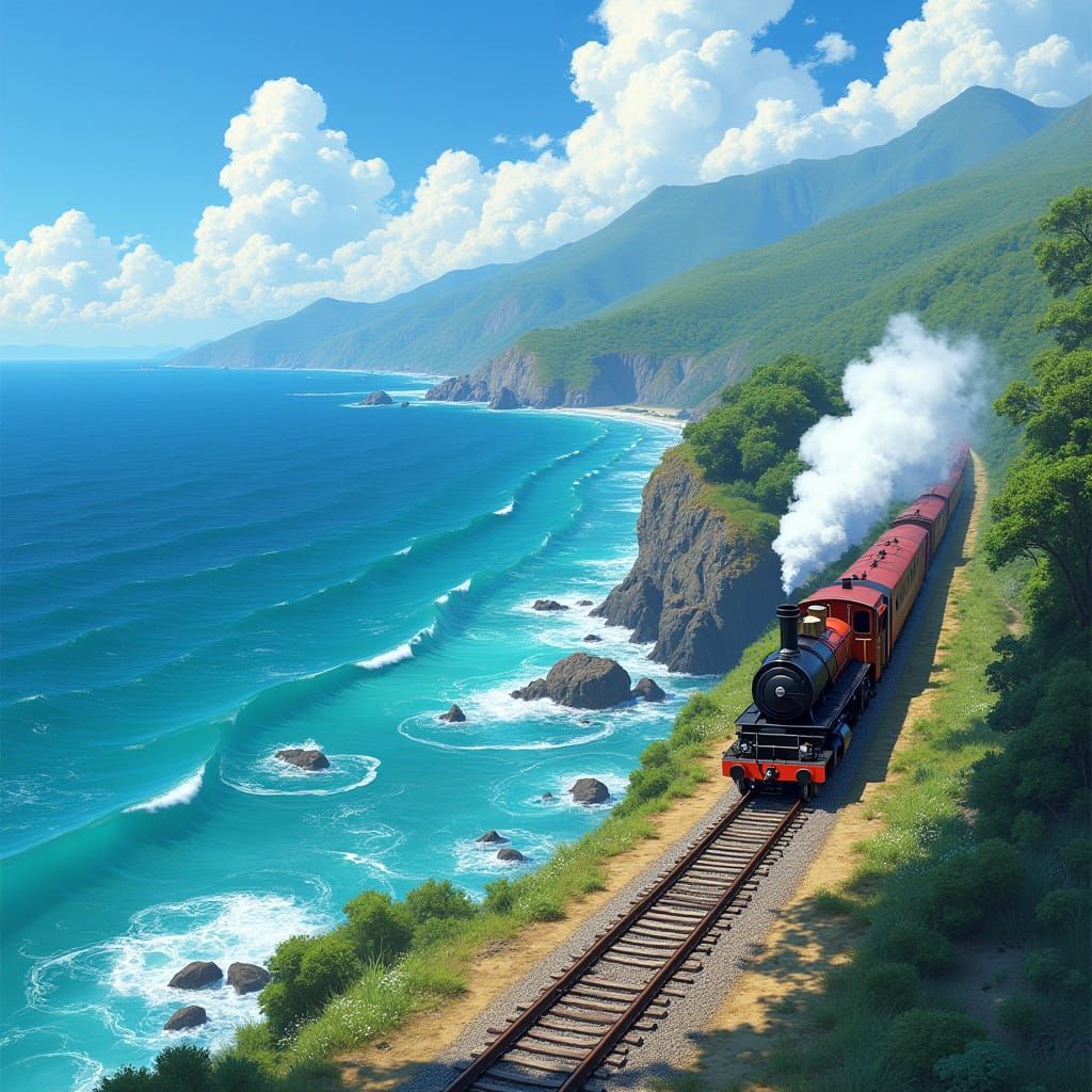 Vintage Steam Train Chugs Along Coastal Railway in Dreamlike...
