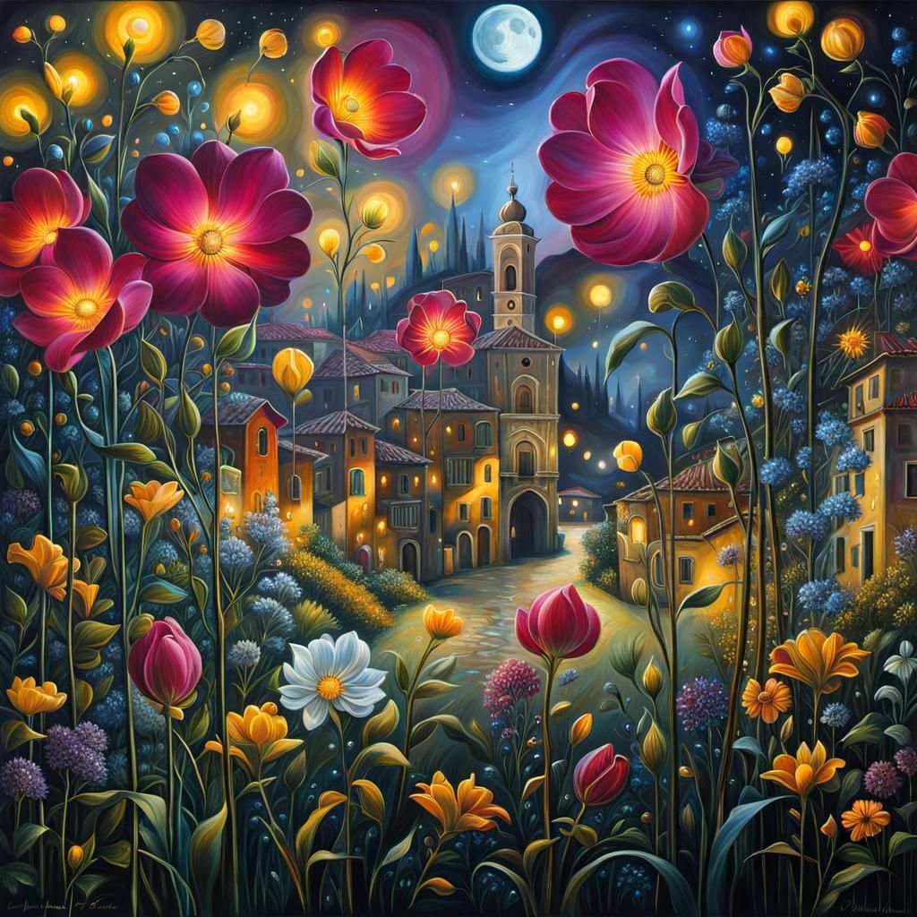 Italian Town at Night with Metallic Moonlight