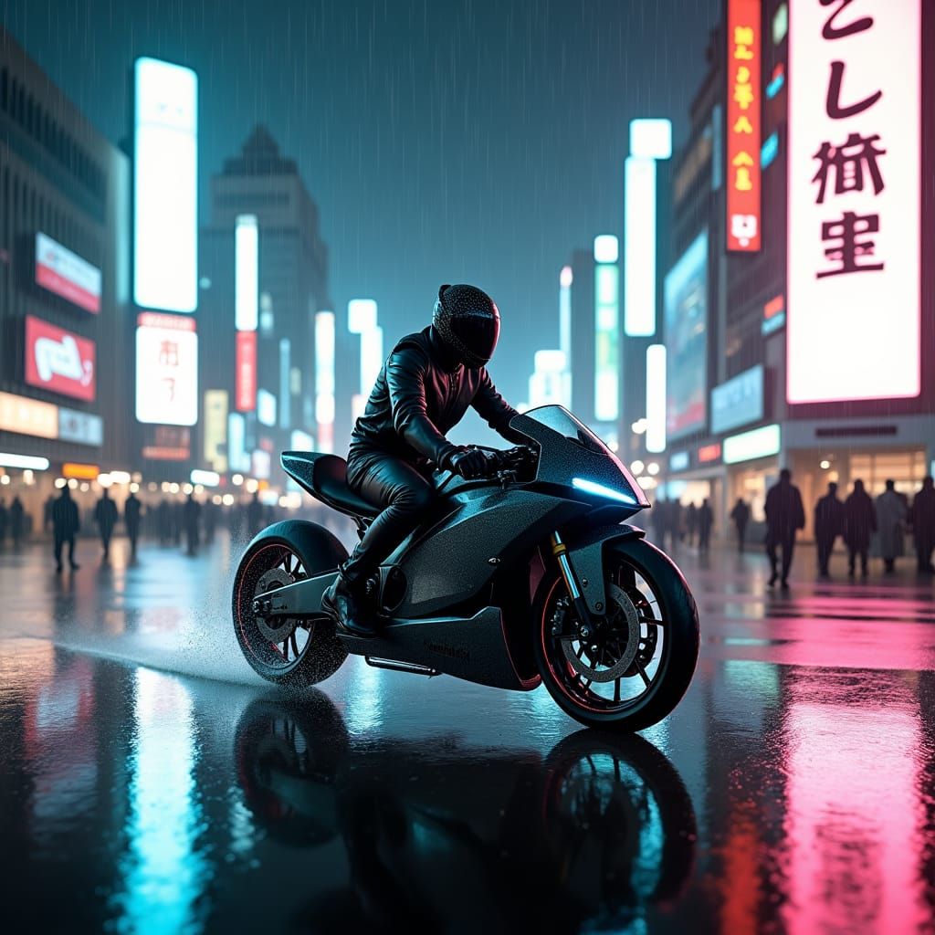Futuristic Electric Motorbike in Rainy Tokyo, Digital Art