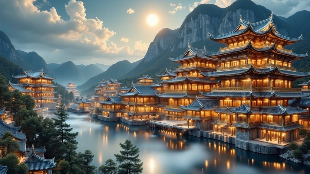 Vast Chinese Mansion in Moonlit Ink Wash Painting Style