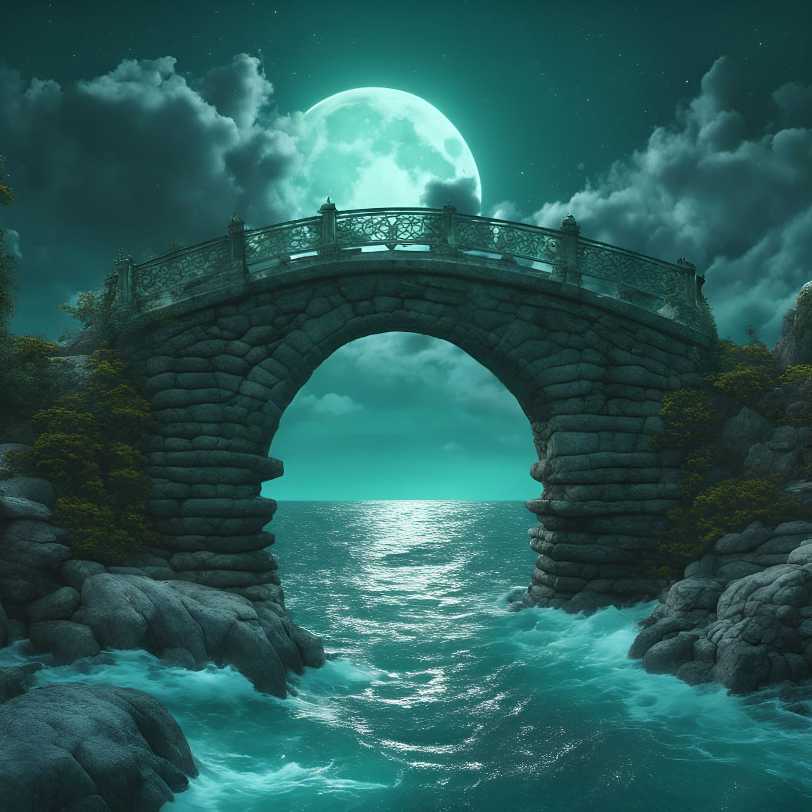 Stone Bridge Over Turbulent Sea at Night