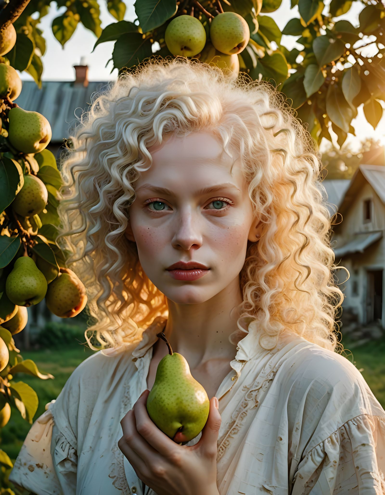 Surreal Albino Pear Farmer in Sunrise Glow
