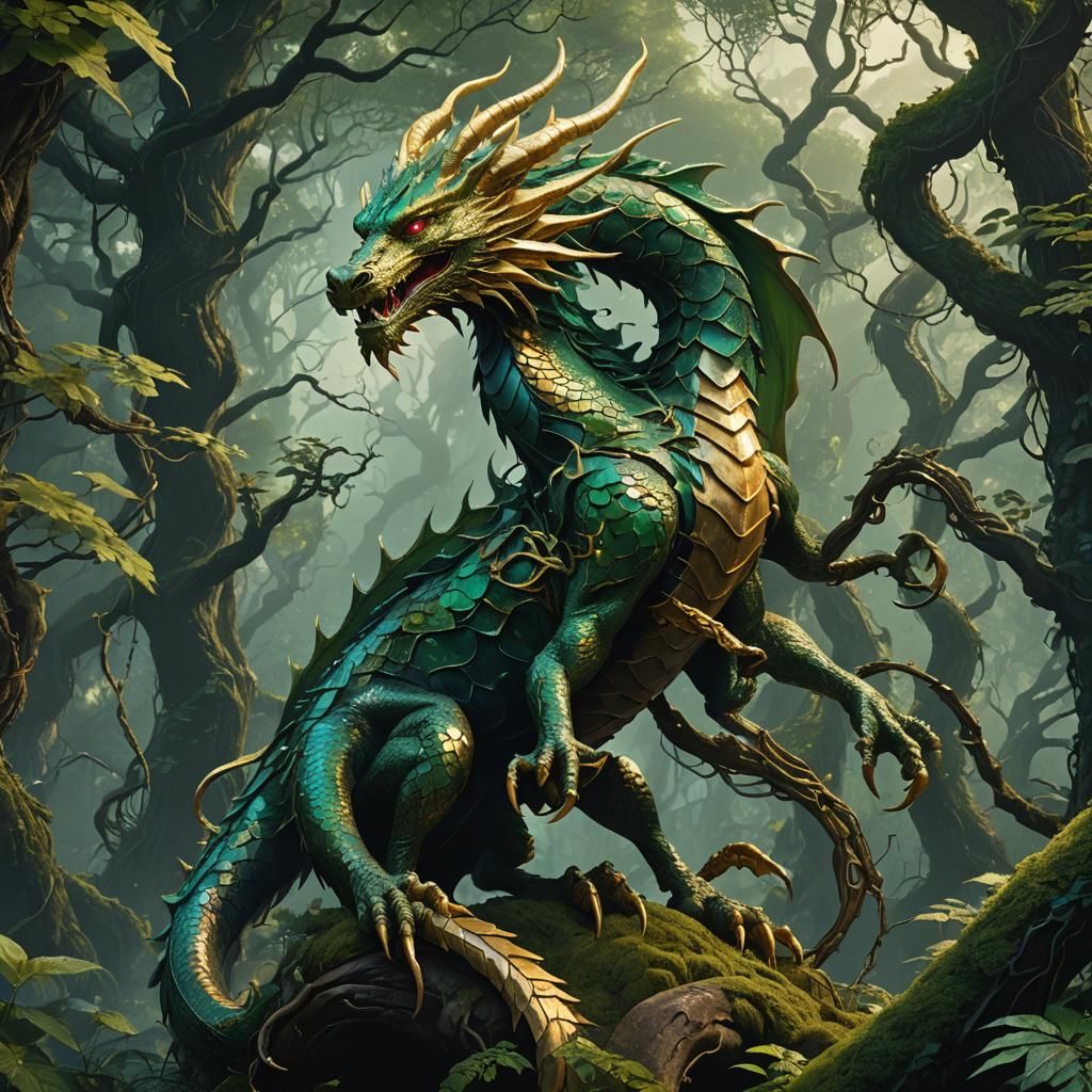 Majestic Golden Dragon in Mystical Forest