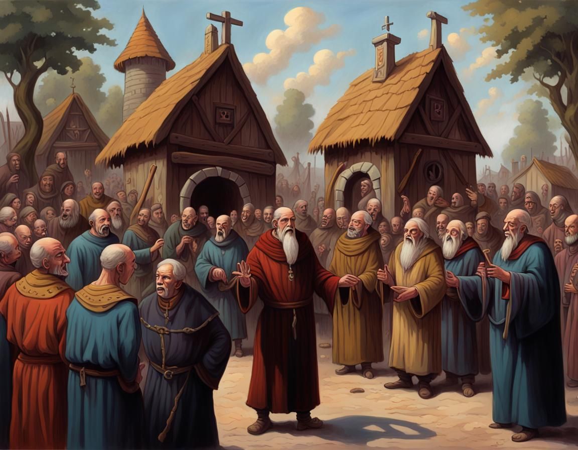Death Cult Priests Recruit Villagers: Oil Painting