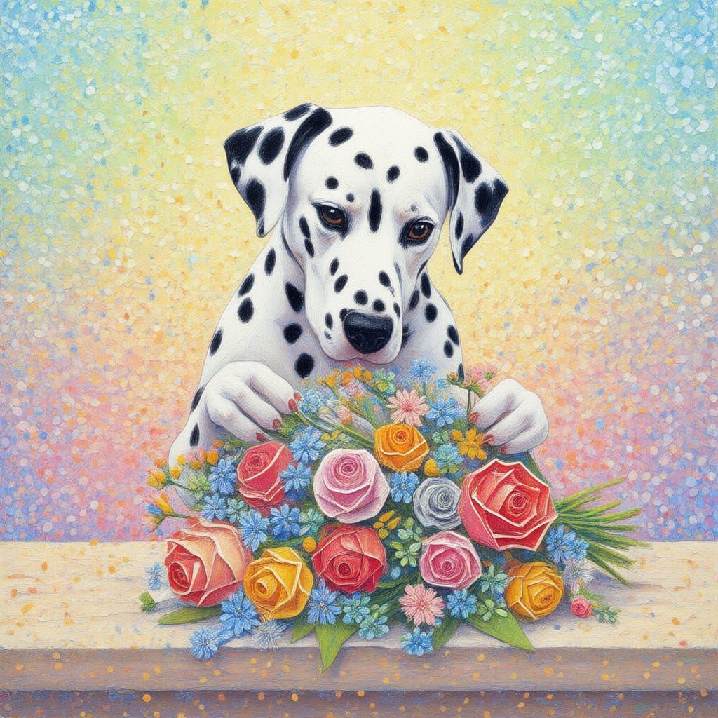 Dalmatian Arranges Paper Flowers in Neo-Impressionist Style