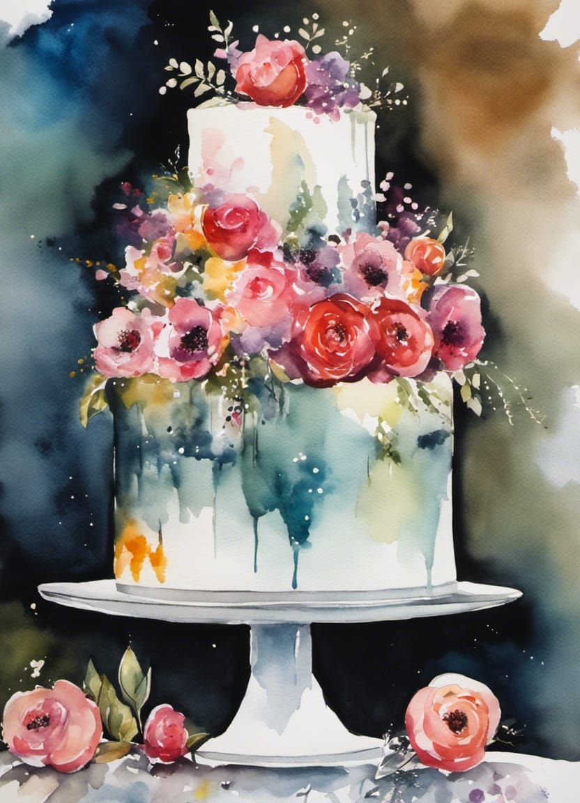 Floral Wedding Cake with Champagne in Watercolor Style