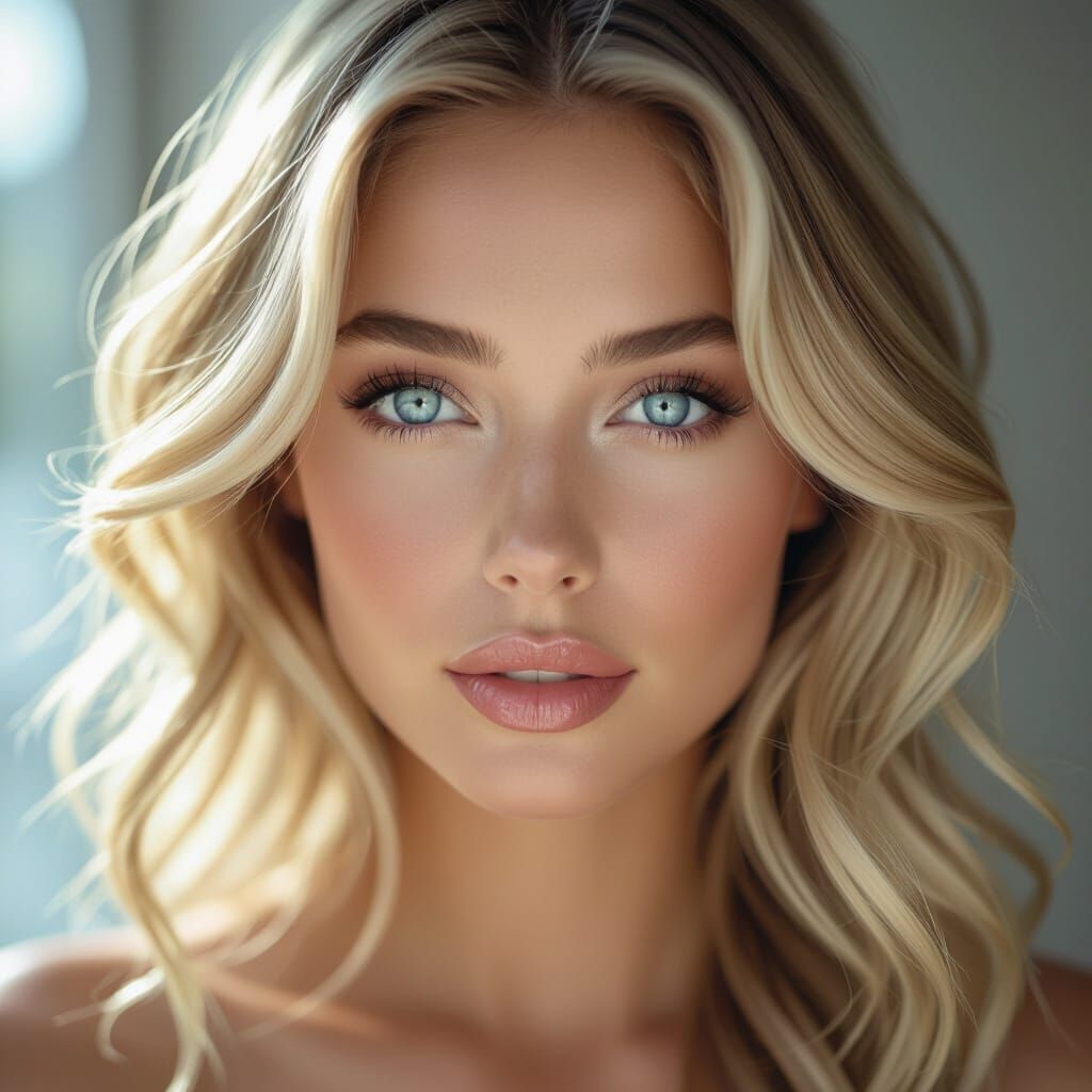 Realistic Woman Portrait with Sparkling Blue Eyes and Blonde...