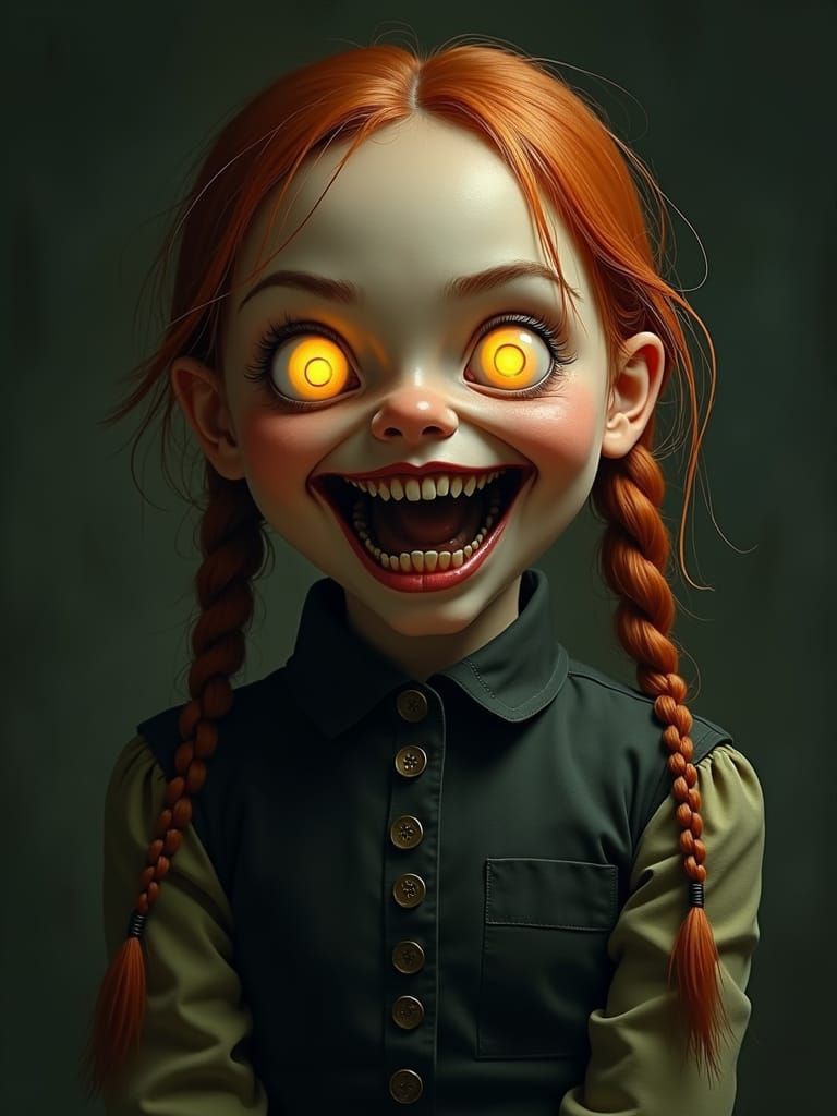 Eerie Girl with Unnerving Smile in Dark Gothic Style
