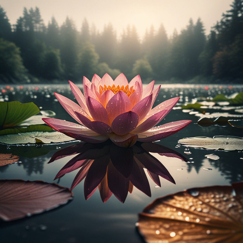 Ethereal Robotic Lotus in Foggy Lake