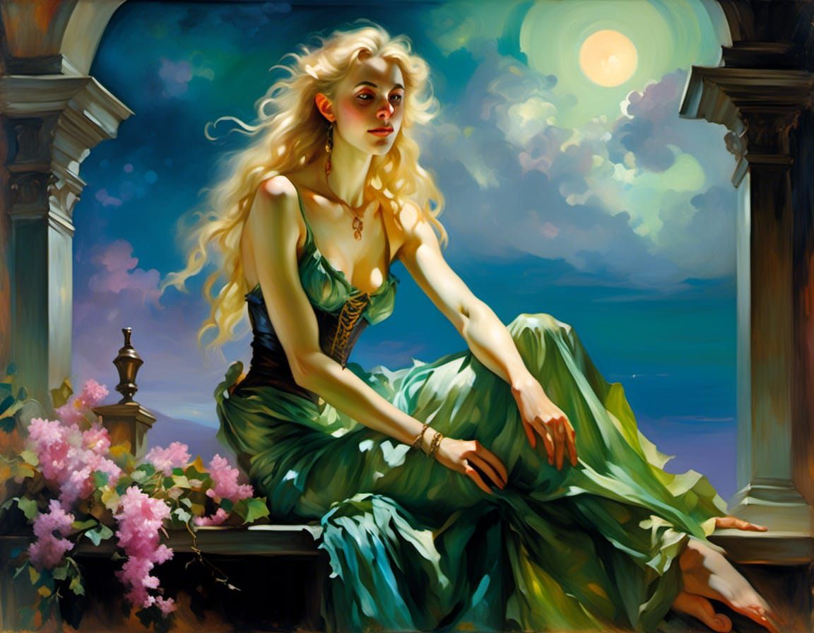 Elf Maiden on Balcony in Chiaroscuro Style