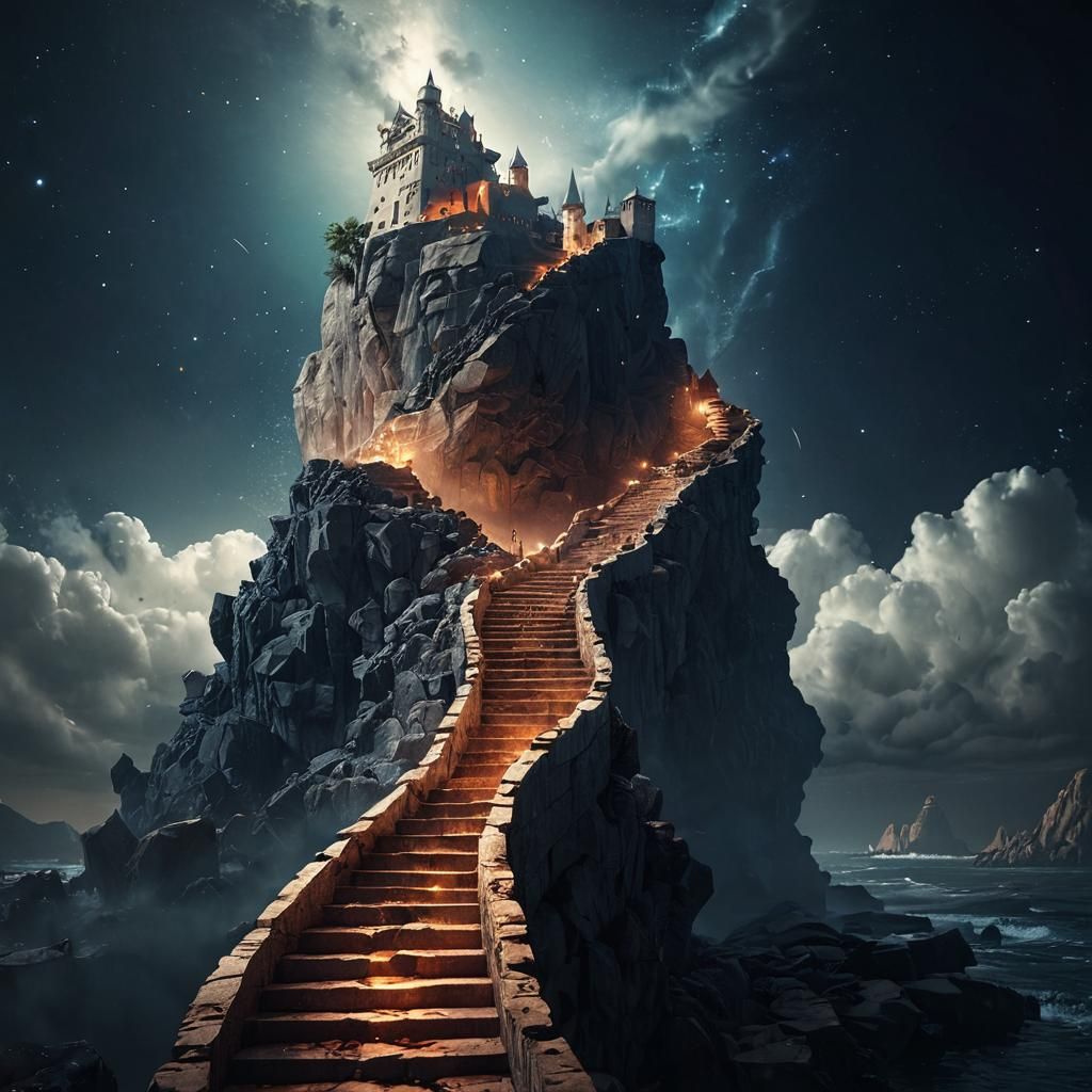 Dramatic Fortress Island with Tower of Babel