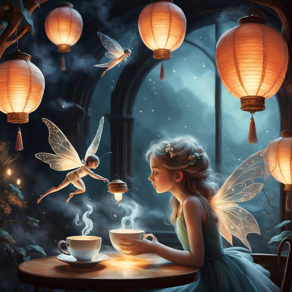 Magical Fairy Pours Tea in Cozy Cafe