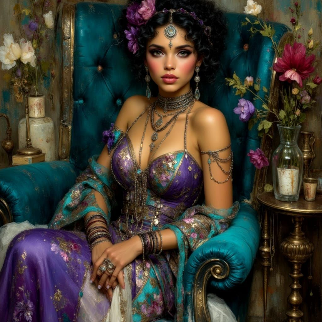 Vintage Glamour Woman in Klimt Style Party Scene