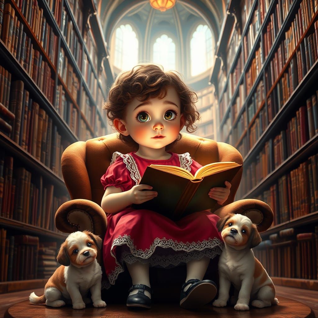 Whimsical Girl in a Grand Library, Inspired by Classic Illus...