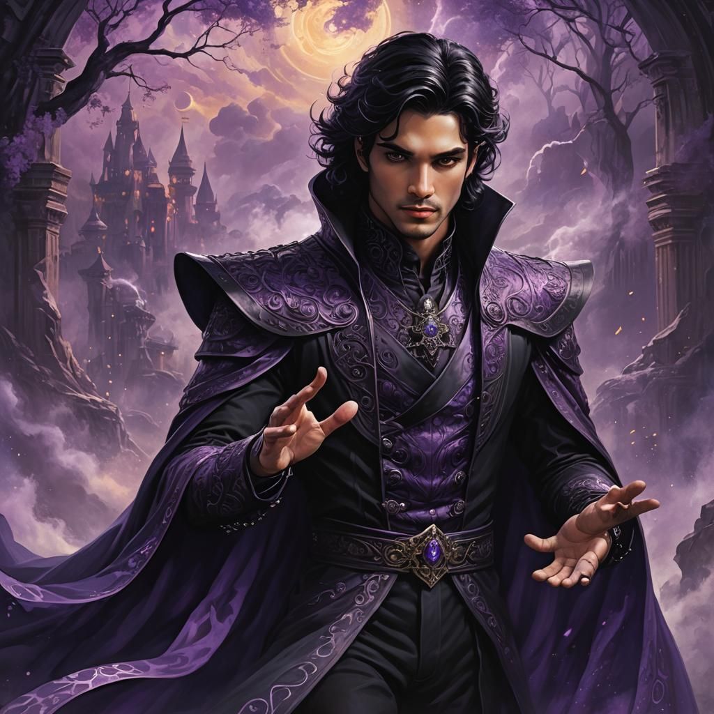 Fantasy Prince Commands Shadows in Violet Mists