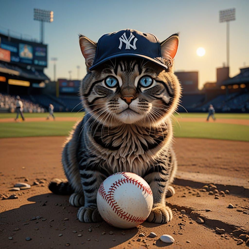 Close-Up Cat in Yankees Cap with Baseball Gear