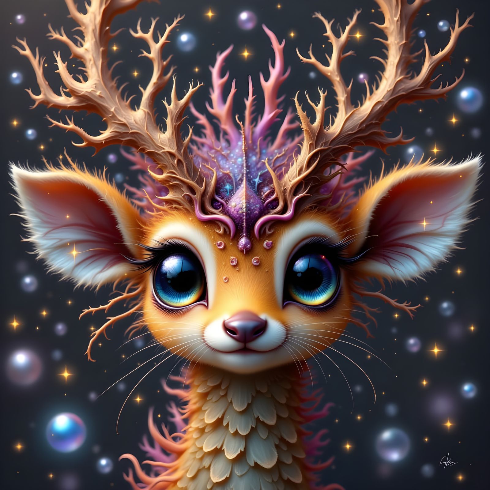 Adorable Deer-Elk with Spiny Antlers and Fireflies