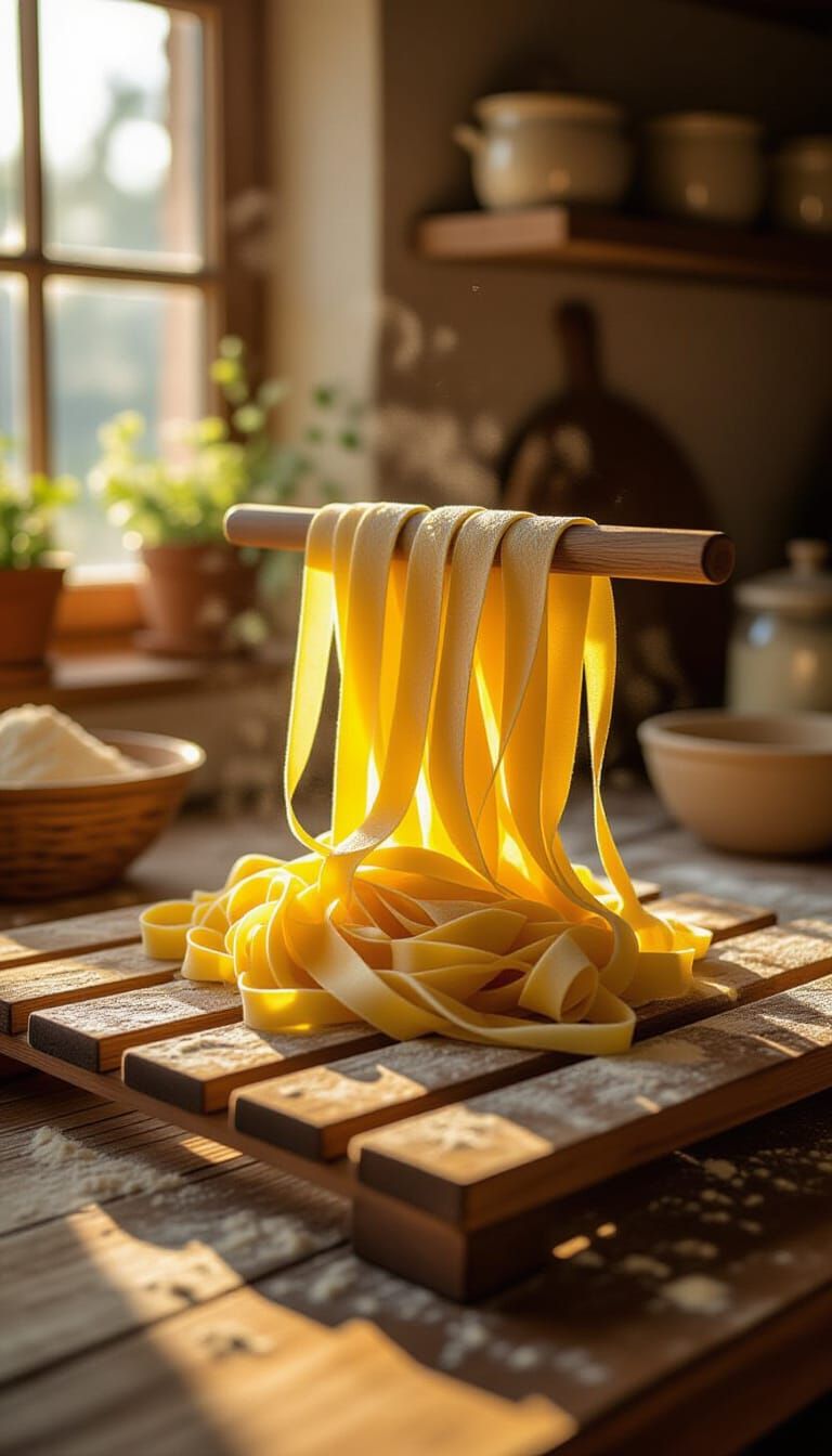 Fresh Pasta Drying in Sunlit Rustic Kitchen