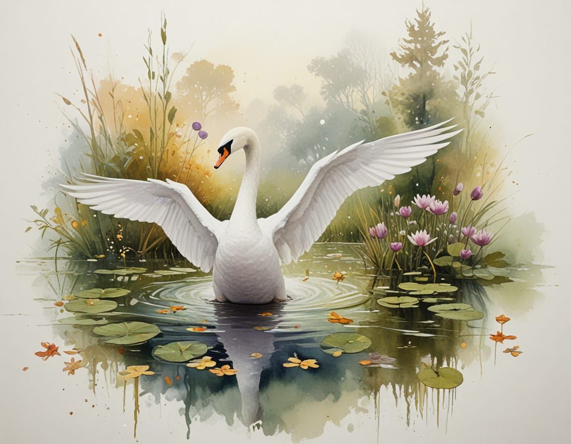 Graceful Swan Glides on Twilight Pond in Painterly Style