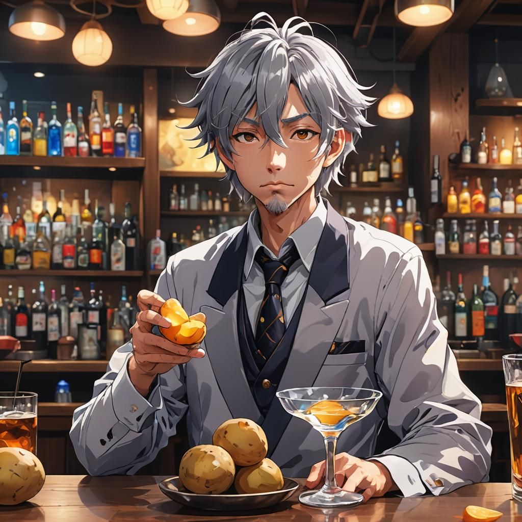 Anime Bar Manager in Vibrant Digital Painting Style