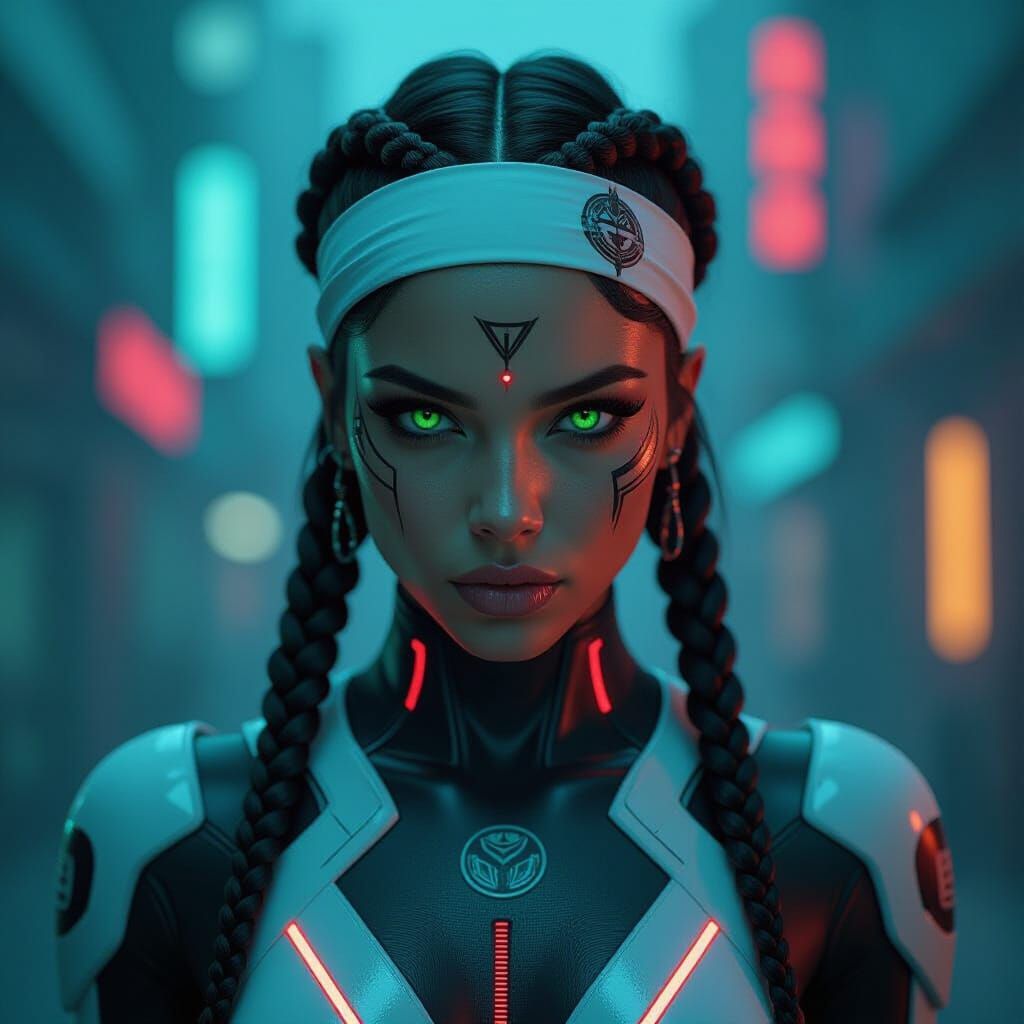 Cyberpunk Warrior with Green Eyes in Neon City