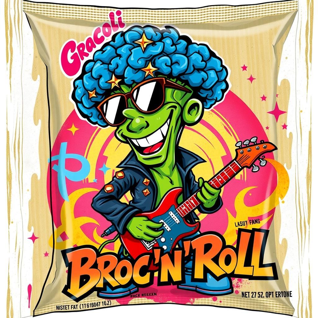 Cartoon Broccoli Rockstar Mascot on Album Cover
