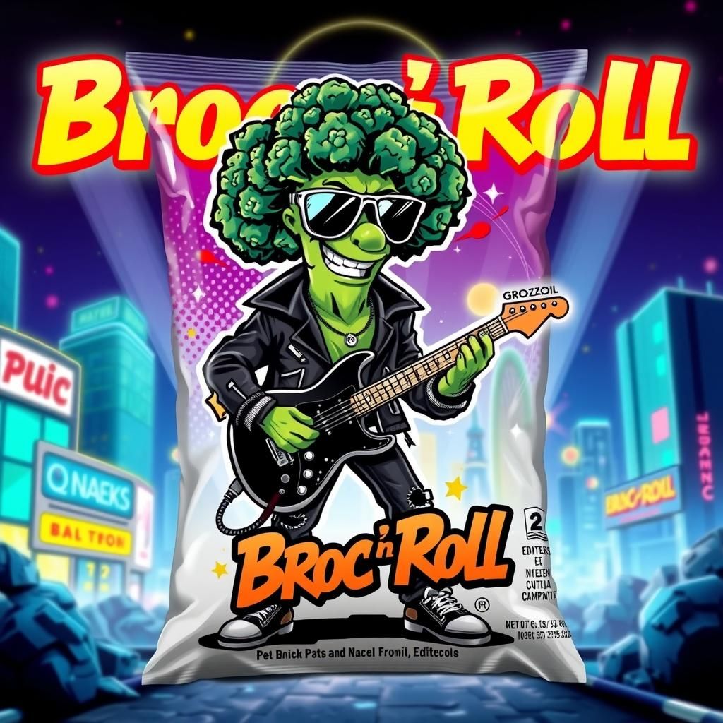 Cartoon Broccoli Rockstar Mascot on Food Packaging
