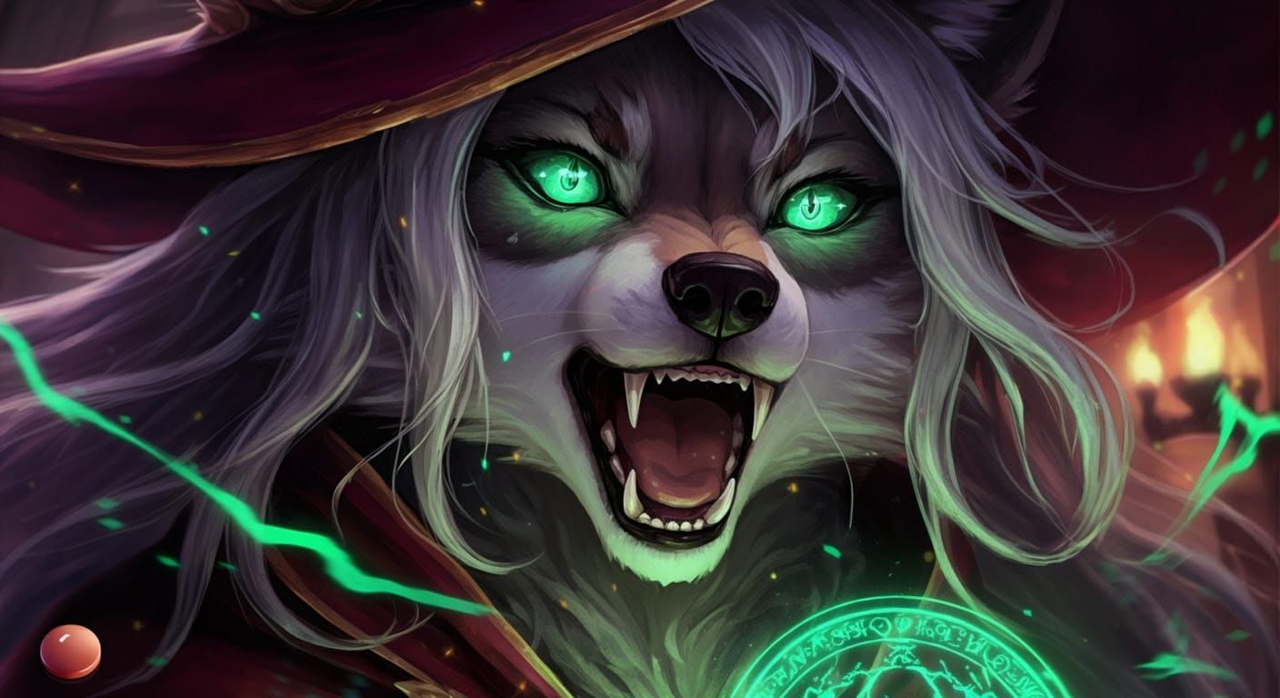 Fantasy Wolf Witch Enveloped by Magic Flames
