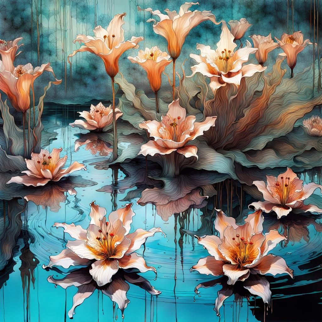 Luminous Rococo Lilies on Reflecting Pond