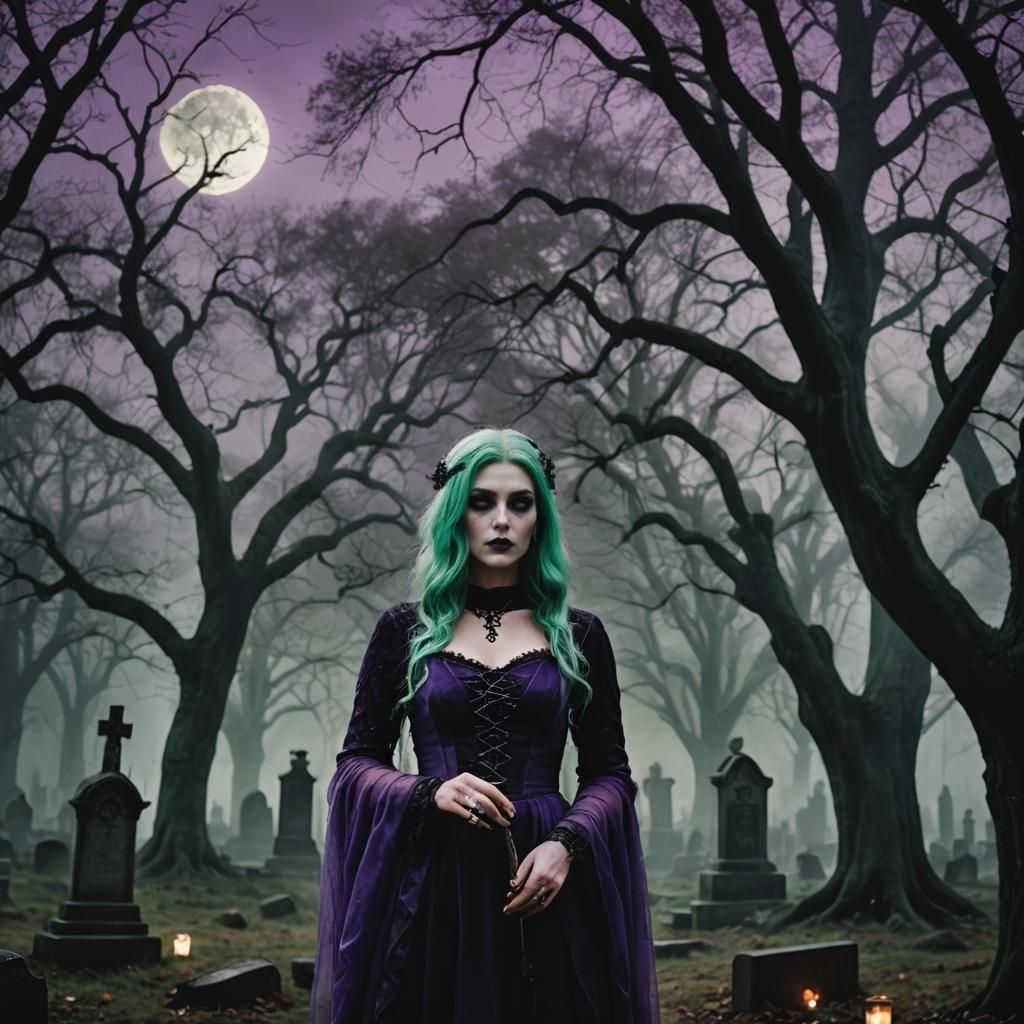 Beautiful Young Witch in Misty Graveyard