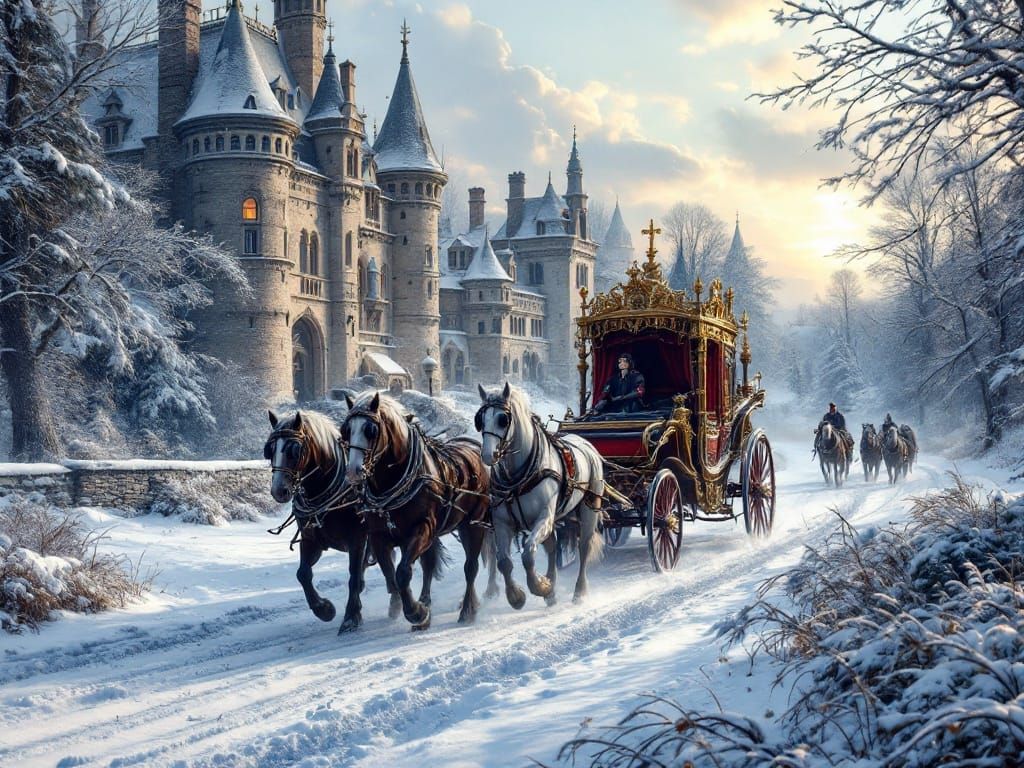 Royal Carriage Procession in Snowy French Countryside