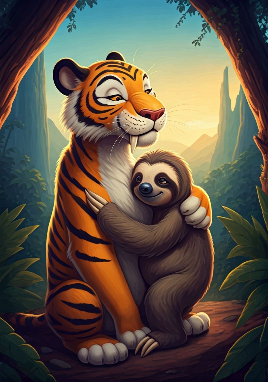 Saber-Toothed Tiger and Sloth in Prehistoric Jungle