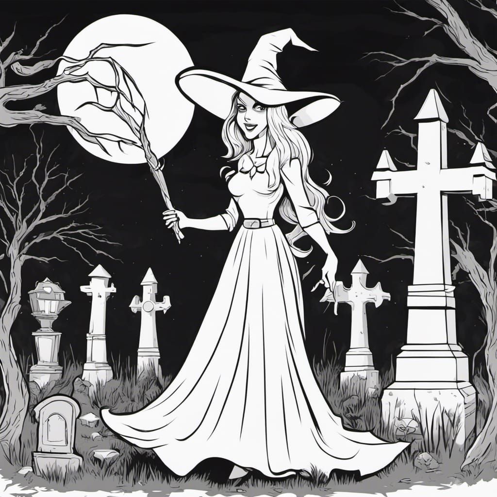 Monochrome Cartoon Witch with Cat in Vector Art