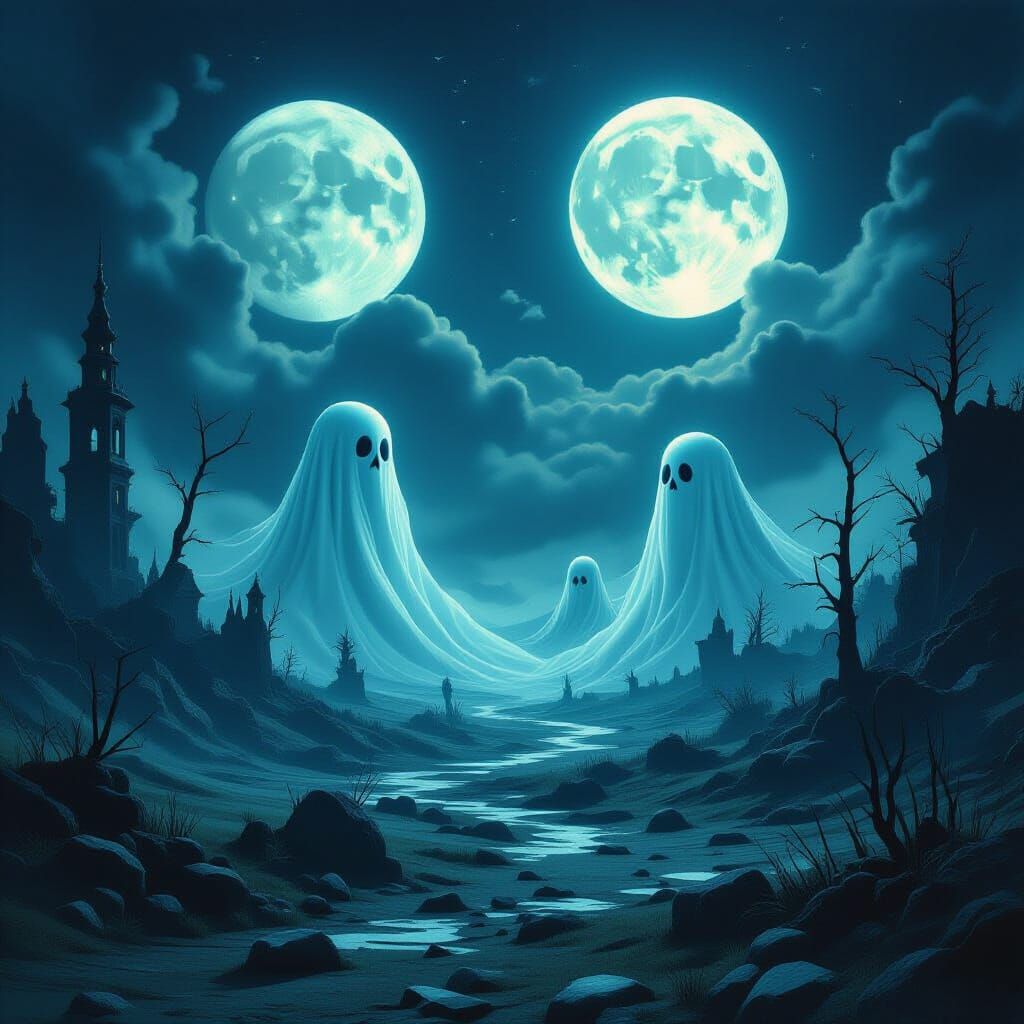 Ethereal Beings Under Twin Moons in Spectral Landscape