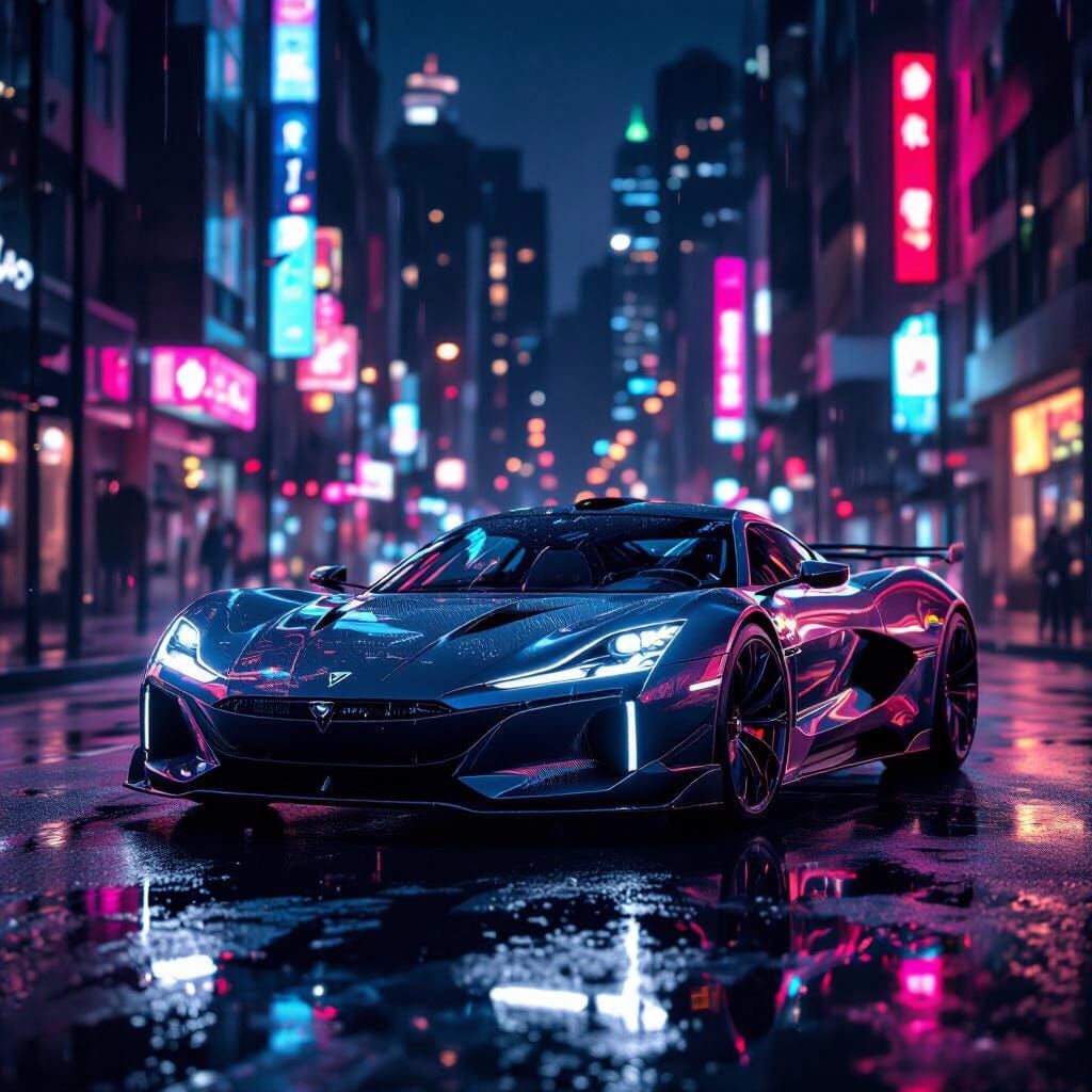 Futuristic Electric Hypercar on Neon City Street at Night