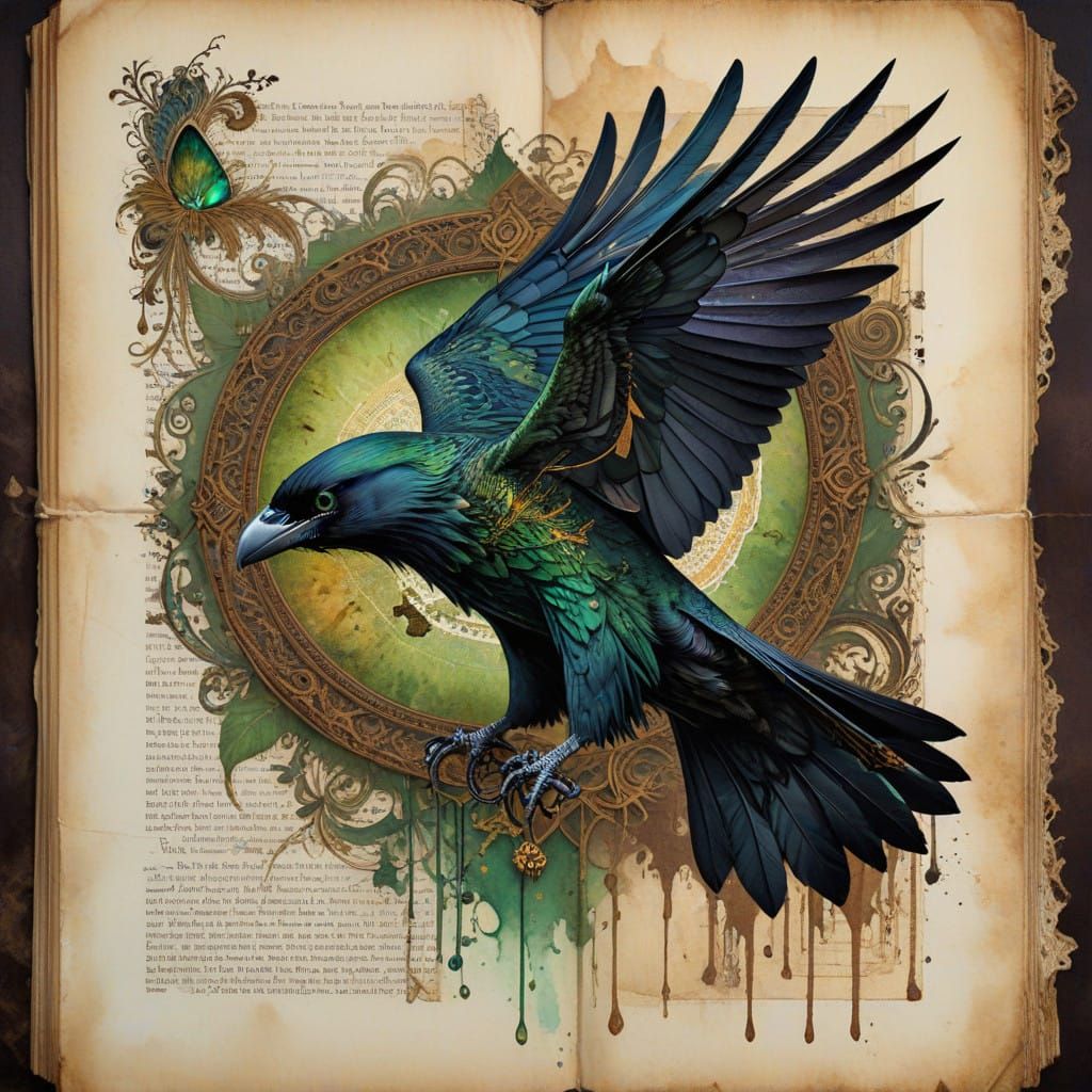 Ethereal Raven Summoning in Vintage Watercolor