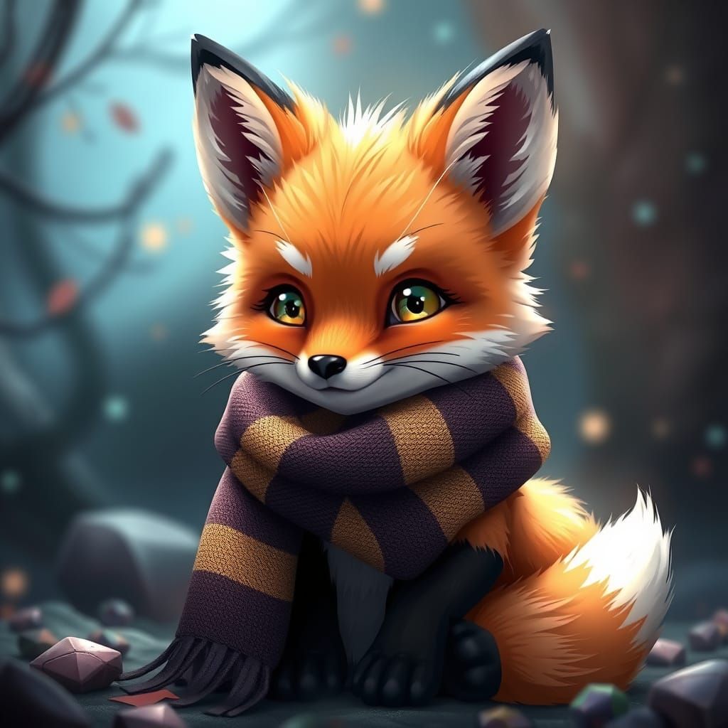 Anime-Inspired Fox Wears Cozy Ravenclaw Scarf in Whimsical L...