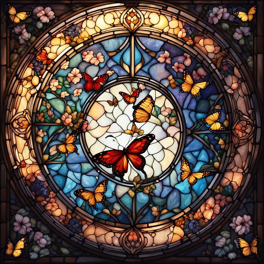 Stained Glass Circle with Butterflies and Flowers