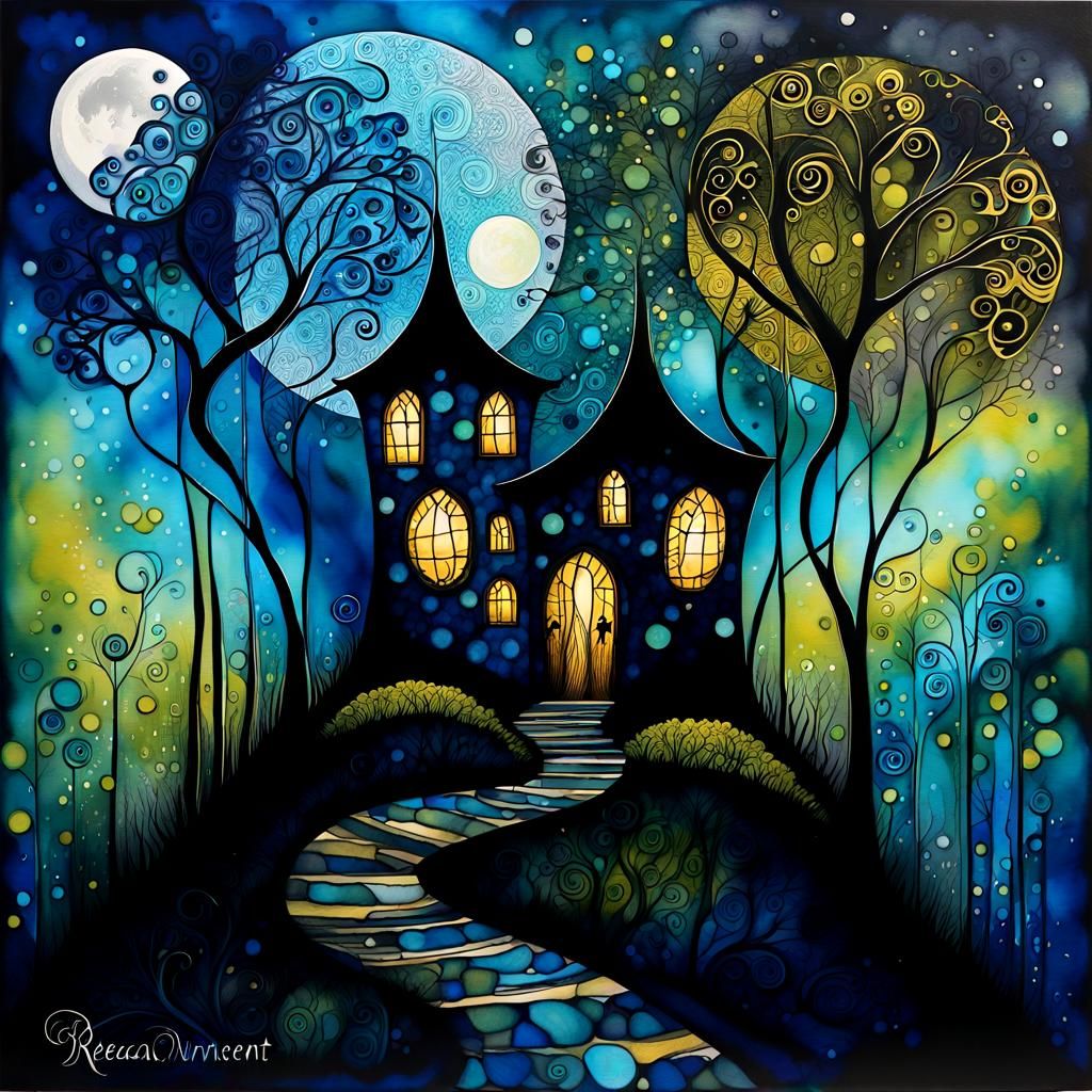 Mystical Greenman in Arabesque Forest, Impasto Alcohol Ink