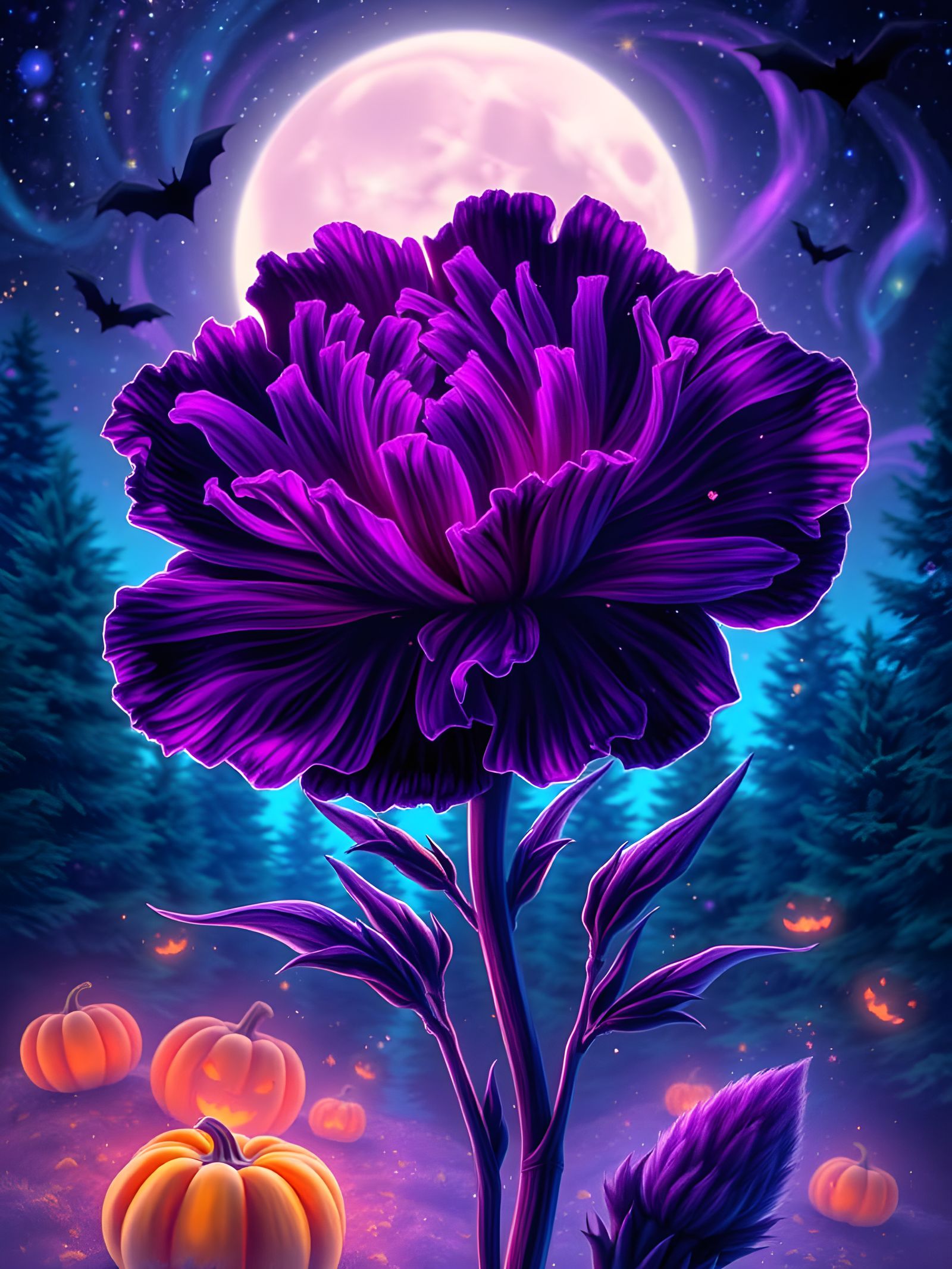 Neon Carnation in Bioluminescent Forest
