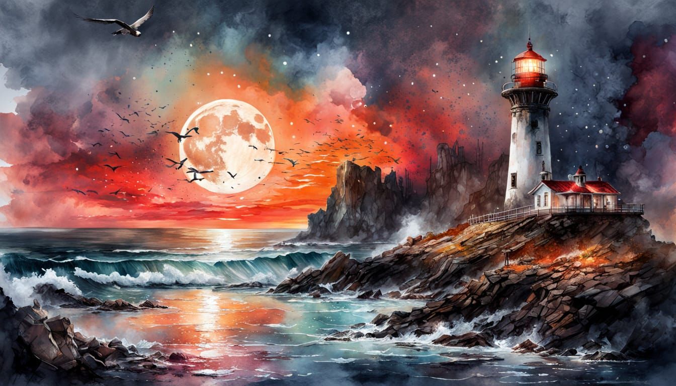 Majestic Lighthouse at Sunset in Watercolor Style
