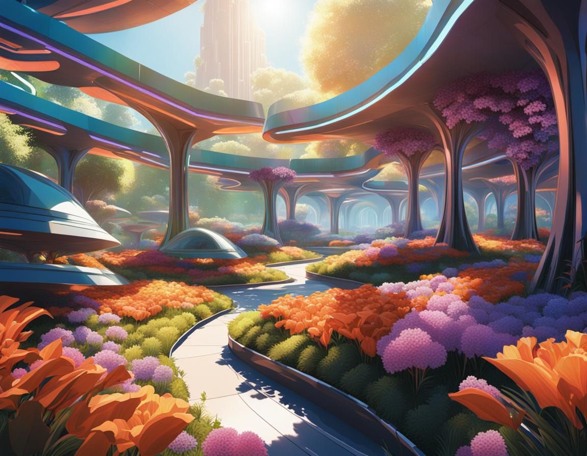 Futuristic Arboretum Filled with Colorful Flowers
