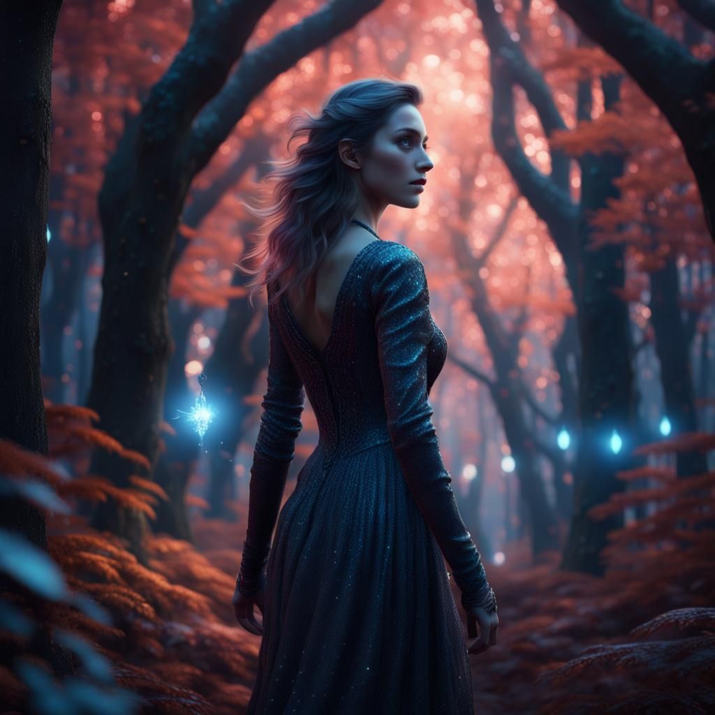 Woman in Shimmering Forest: Fantasy Concept Art